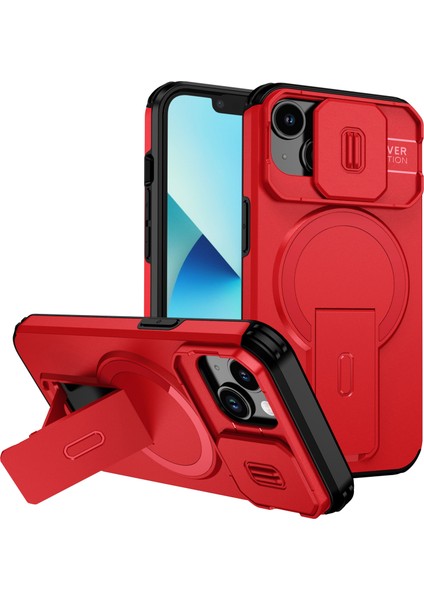 iPhone 14/iphone 13 Için Manyetik Kılıf, Kayar Kamera Korumalı Çift Katmanlı Darbeye Dayanıklı Telefon Kılıfı, Ayarlanabilir Stand, Kırmızı (Yurt Dışından)