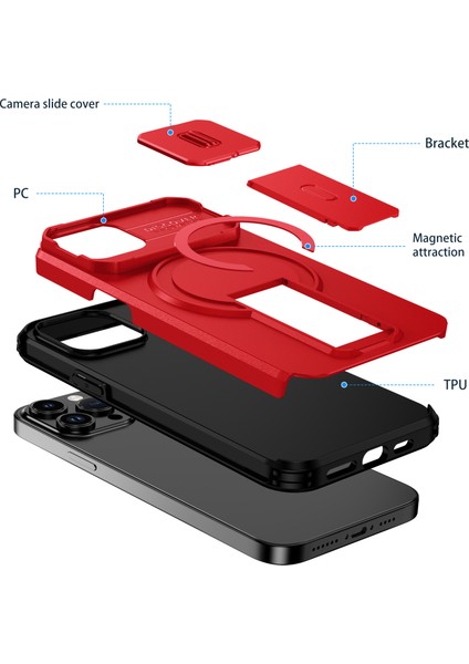 iPhone 14/iphone 13 Için Manyetik Kılıf, Kayar Kamera Korumalı Çift Katmanlı Darbeye Dayanıklı Telefon Kılıfı, Ayarlanabilir Stand, Kırmızı (Yurt Dışından) fiyatları