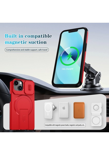 iPhone 14/iphone 13 Için Manyetik Kılıf, Kayar Kamera Korumalı Çift Katmanlı Darbeye Dayanıklı Telefon Kılıfı, Ayarlanabilir Stand, Kırmızı (Yurt Dışından) modelleri