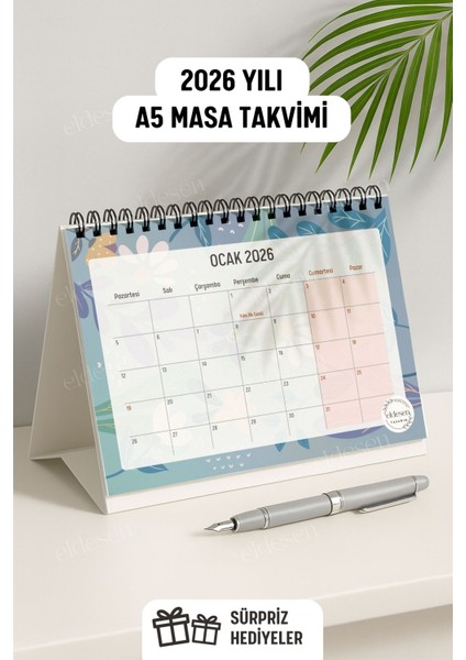 2026 Masa Takvimi Spiralli A5 (21X16CM) Büyük Boy / Resmi Tatiller ve Hafta Sonları / 12 Aylık