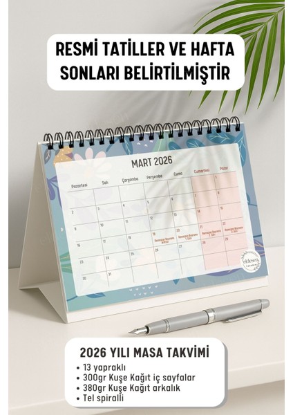 2026 Masa Takvimi Spiralli A5 (21X16CM) Büyük Boy / Resmi Tatiller ve Hafta Sonları / 12 Aylık fiyatları