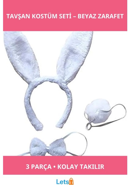 Eğlenceli Tavşan Taç Papyon Kuyruk Beyaz Renk Kostüm Takımı