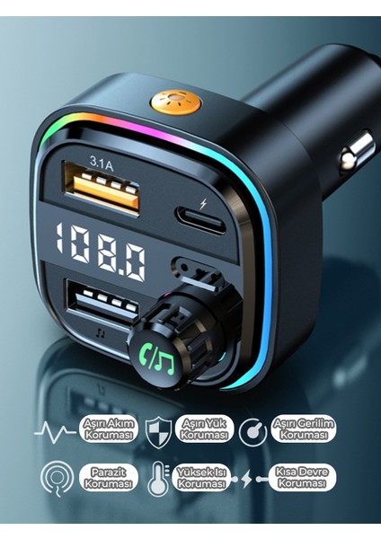 LED Ekranlı Rgb Işık Fm Transmitter Bluetooth V5.0 Flash Bellek Destekli Type-C USB Şarj Girişi fiyatları