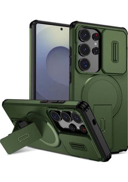 Samsung Galaxy S25 Ultra Için Manyetik Kılıf, Kayar Kamera Korumalı Çift Katmanlı Darbeye Dayanıklı Telefon Kılıfı, Ayarlanabilir Stand, Yeşil (Yurt Dışından)