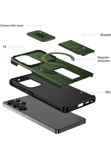 Samsung Galaxy S25 Ultra Için Manyetik Kılıf, Kayar Kamera Korumalı Çift Katmanlı Darbeye Dayanıklı Telefon Kılıfı, Ayarlanabilir Stand, Yeşil (Yurt Dışından) fiyatları