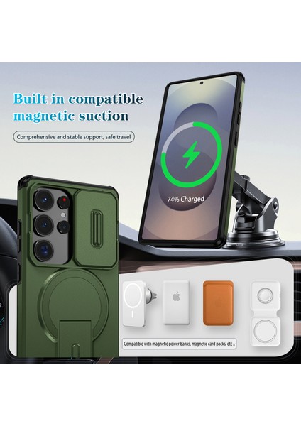 Samsung Galaxy S25 Ultra Için Manyetik Kılıf, Kayar Kamera Korumalı Çift Katmanlı Darbeye Dayanıklı Telefon Kılıfı, Ayarlanabilir Stand, Yeşil (Yurt Dışından) modelleri