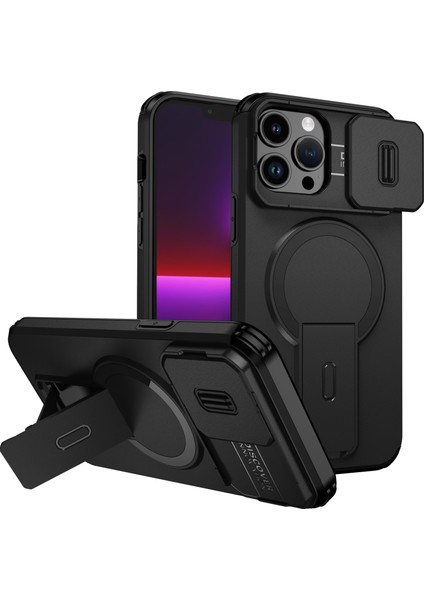 iPhone 13 Pro Max Için Manyetik Kılıf, Kayar Kamera Korumalı Çift Katmanlı Darbeye Dayanıklı Telefon Kılıfı, Ayarlanabilir Stand, Siyah (Yurt Dışından)