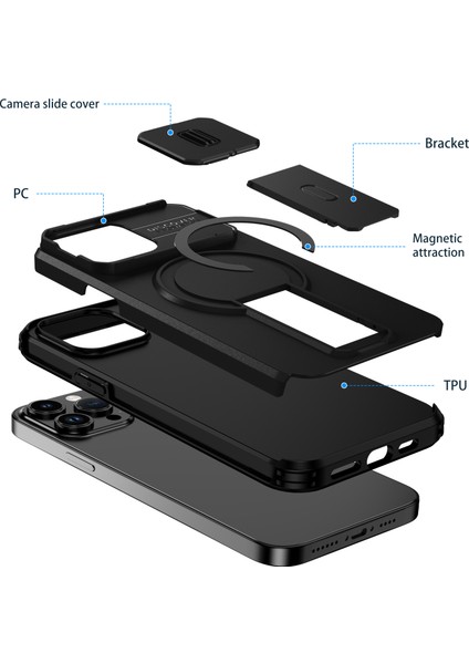 iPhone 13 Pro Max Için Manyetik Kılıf, Kayar Kamera Korumalı Çift Katmanlı Darbeye Dayanıklı Telefon Kılıfı, Ayarlanabilir Stand, Siyah (Yurt Dışından) fiyatları
