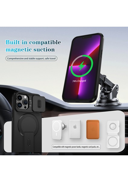 iPhone 13 Pro Max Için Manyetik Kılıf, Kayar Kamera Korumalı Çift Katmanlı Darbeye Dayanıklı Telefon Kılıfı, Ayarlanabilir Stand, Siyah (Yurt Dışından) modelleri