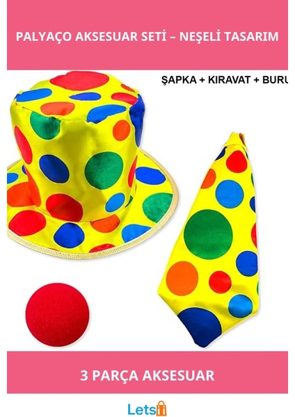 Eğlenceli Renkli Palyaço Kostüm Aksesuar Seti Şapka, Kravat, Burun