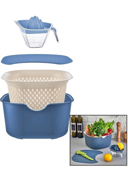 MAVİ 5PCS MUTFAK SETİ PLS.KARIŞTIRMA KAP=4LT - SÜZGEÇ=3.5LT - KESİM PANO - SIKACAK=0.25LT (4887)