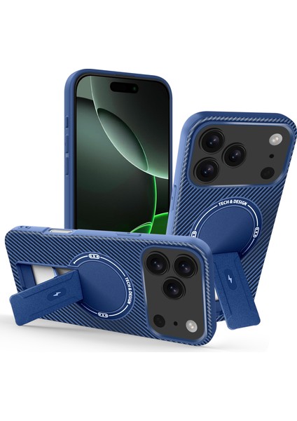 iPhone 17 Pro Için Manyetik Kılıf, Karbon Fiber Tasarım, Standlı Tpu Hibrit Telefon Kılıfı, Mavi (Yurt Dışından)