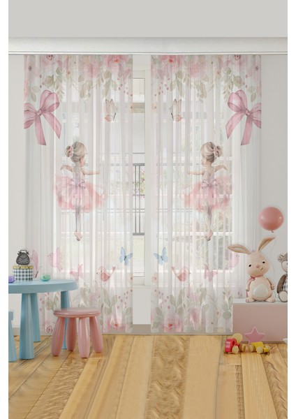 Balerin Kelebek ve Çiçekli Çocuk Odası Tül Perde