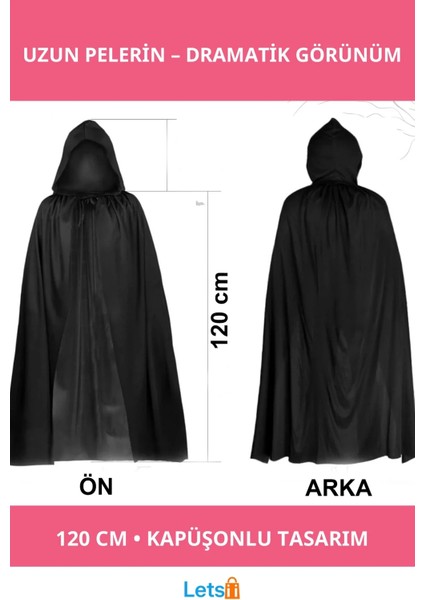 Siyah Uzun Kapüşonlu Pelerin 120 cm Unisex