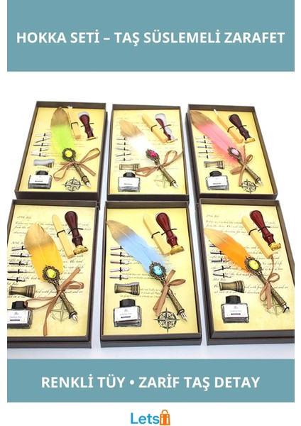 Renkli Tüy ve Taş Detaylı Divit Hokka Seti
