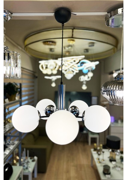 Globe Black & Silver Penta Plafonyer Beyaz Cam Avize