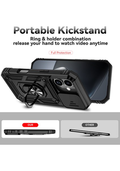 iPhone 17 Için Sürgülü Kamera Koruması ve Halka Tutucu Standlı Kılıf, Hibrit Koruyucu Kılıf, Siyah (Yurt Dışından) indirimleri