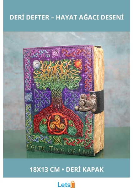 Hayat Ağacı Desenli Kaliteli Deri Defter 18X13 cm