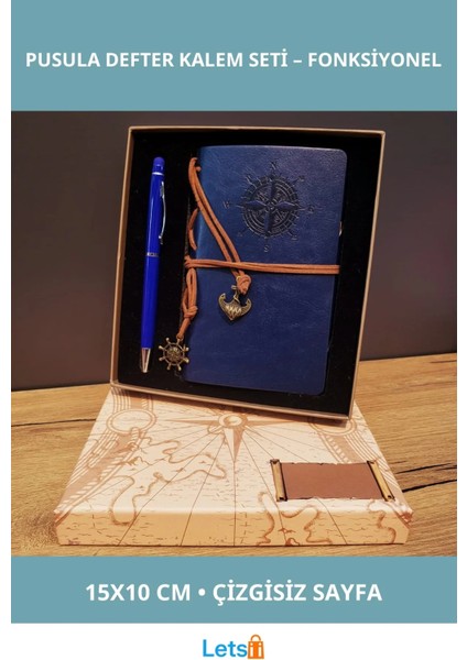 Lacivert Pusula Tasarım Deri Defter Metal Tükenmez Kalem