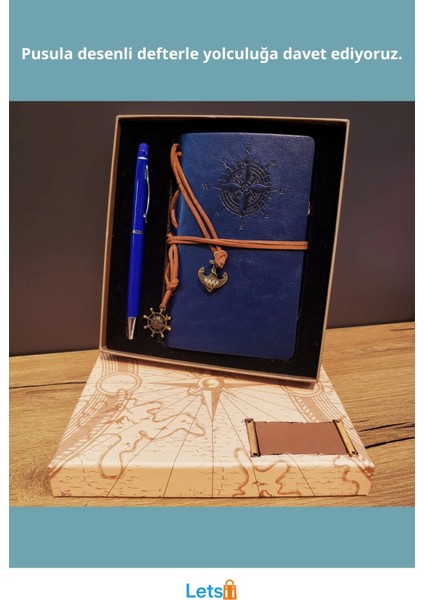 Lacivert Pusula Tasarım Deri Defter Metal Tükenmez Kalem fiyatları
