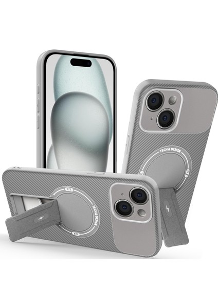 iPhone 15 Plus Için Manyetik Kılıf, Karbon Fiber Tasarım, Standlı Tpu Hibrit Telefon Kılıfı, Gri (Yurt Dışından)