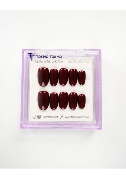 15'li Bordo Kısa Oval TT1420 Tekrar Kullanılabilir El Yapımı Protez Takma Tırnak - Bordo-M