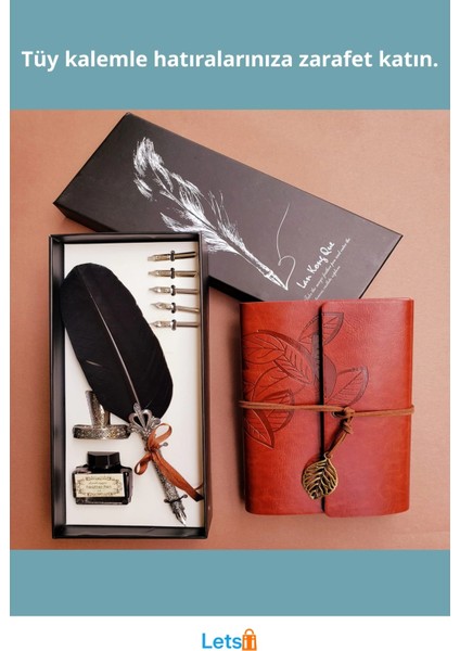 Kırmızı Deri Nostaljik Hatıra Defteri ve Tüylü Kalem Seti fiyatları