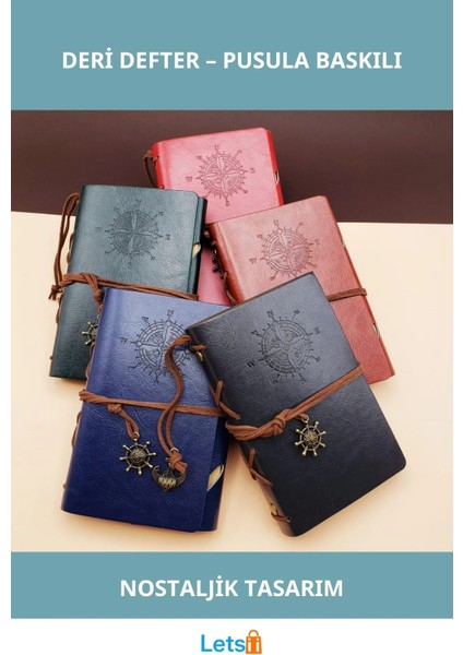 Küçük Boy Pusula Baskılı Deri Not Defteri 15X10 cm