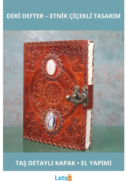 Etnik Çiçek Işlemeli Taşlı Deri Defter 20X15 cm