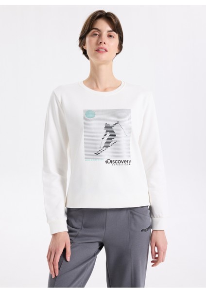 D5WL-SWT3613 Beyaz Bisiklet Yaka Relaxed Baskılı Kadın Sweatshırt