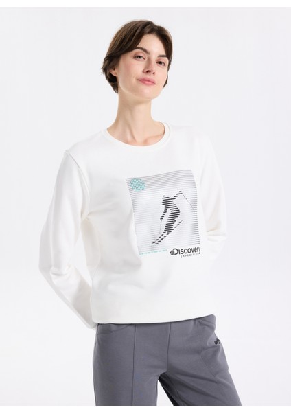 D5WL-SWT3613 Beyaz Bisiklet Yaka Relaxed Baskılı Kadın Sweatshırt modelleri