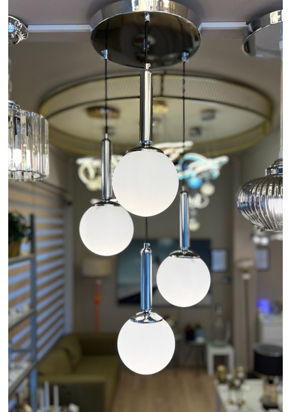 Globe Black & Silver QUAD Plafonyer Beyaz Cam Avize