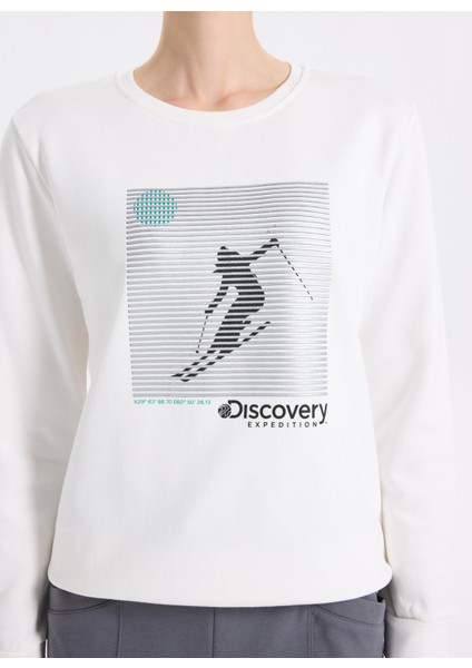 D5WL-SWT3613 Beyaz Bisiklet Yaka Relaxed Baskılı Kadın Sweatshırt fırsatları