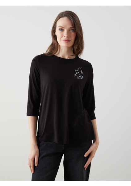 Yeni Sezon Bisiklet Yaka Taşlı Kadın Bluz