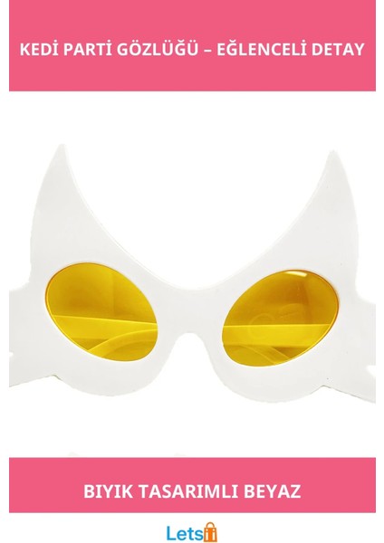 Beyaz Renkli Bıyık Tasarımlı Eğlenceli Kedi Parti Gözlüğü