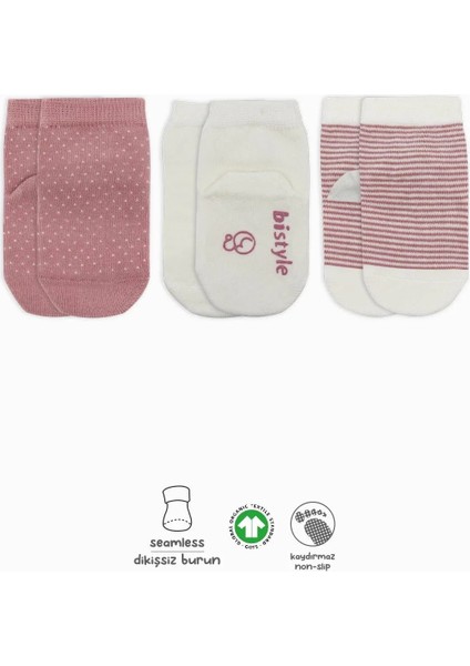 Puanlı Kaymaz Penye Soket Çorap 3'lü BS10108 Pudra