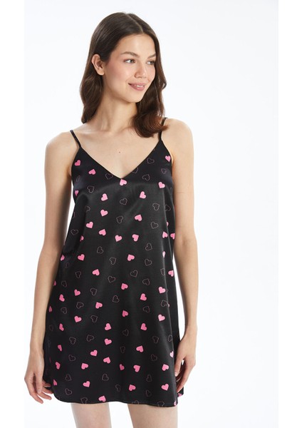 Yeni Sezon V Yaka Desenli Askılı Saten Kadın Fantezi Gecelik