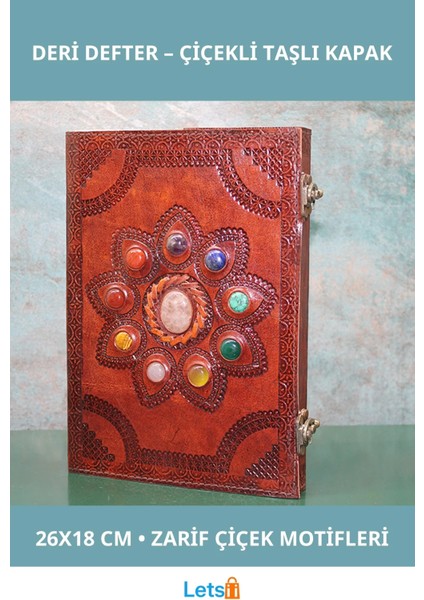 Taşlı Deri Defter Çiçek Motifli Büyük Boy 26X18 cm