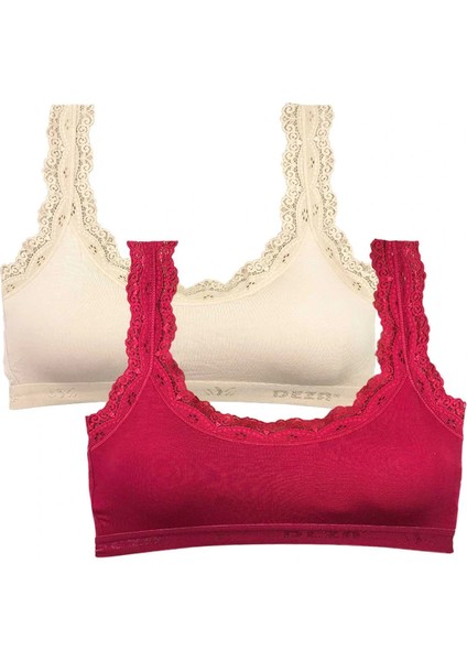 2 Adet Dantel Nakış Işlemeli Pedli Bambu Kadın Büstiyer Krem Bordo