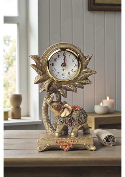 Lüks Işlemeli Saatli Fil Heykeli Dekoratif Masaüstü Biblo Yeni Yıl Yeni Ev & Ofis Hediyesi 17 Cm.