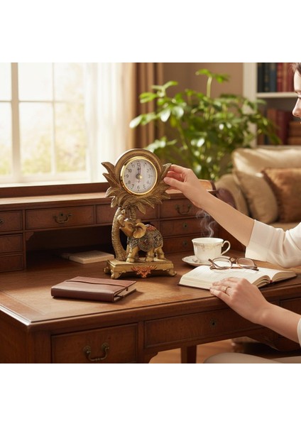 Lüks Işlemeli Saatli Fil Heykeli Dekoratif Masaüstü Biblo Yeni Yıl Yeni Ev & Ofis Hediyesi 17 Cm. modelleri