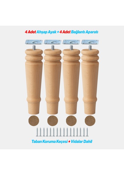 Bohem 20 cm Doğal Ahşap Ayak 4 Adet Set Boyasız Silindir Mobilya Koltuk Kanepe Ayağı Aparat Dahil
