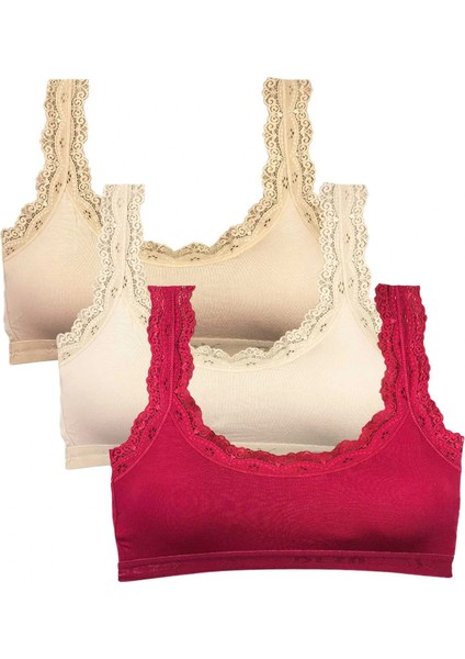 3 Adet Dantel Nakış Işlemeli Pedli Bambu Kadın Büstiyer Ten Krem Bordo