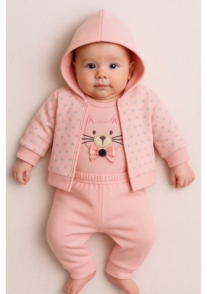 Kız Bebek Açık Pembe Ayıcık Nakışlı 3’lü Takım – Kapüşonlu, Pamuklu ve Rahat Tasarım 1546 6-9 Ay