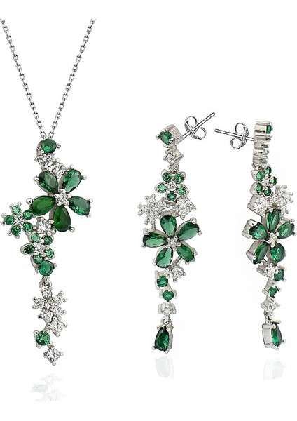 Pırlanta Model Zümrüt Işıltısı Çiçek Demeti Kadın Gümüş Set