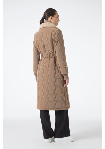 Yakası Kürk ve Kemer Detaylı Şişme Mont 12764 Bej 42