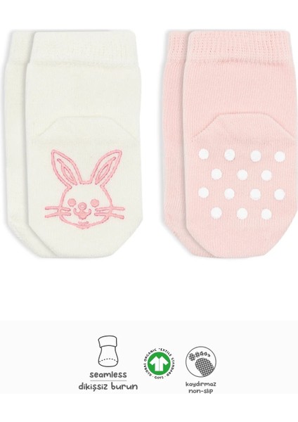 Hayvan Figürlü Kaymaz Soket Çorap 2'li Pembe Ekru