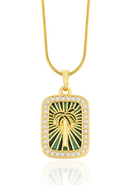 Palm Shine Yeşil Palmiyeli Taşlı Paslanmaz Çelik Kolye