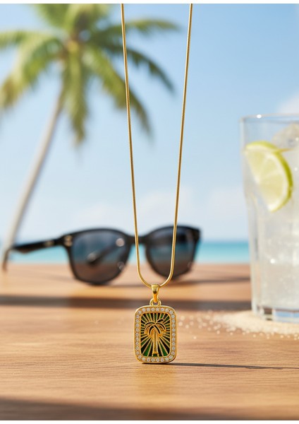 Palm Shine Yeşil Palmiyeli Taşlı Paslanmaz Çelik Kolye fiyatları