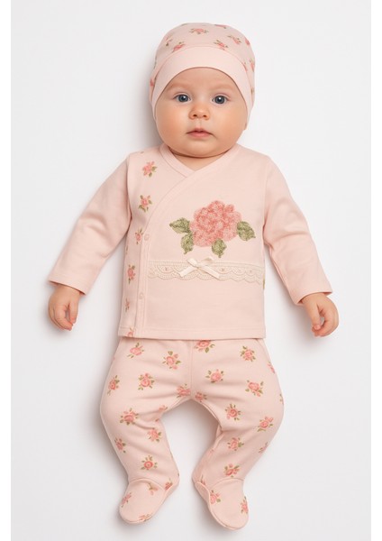Kız Bebek Pudra Pembe Çiçek Desenli Dantelli 3’lü Takım – Zarif ve Yumuşacık Pamuk Kumaş 0883 0-3 Ay
